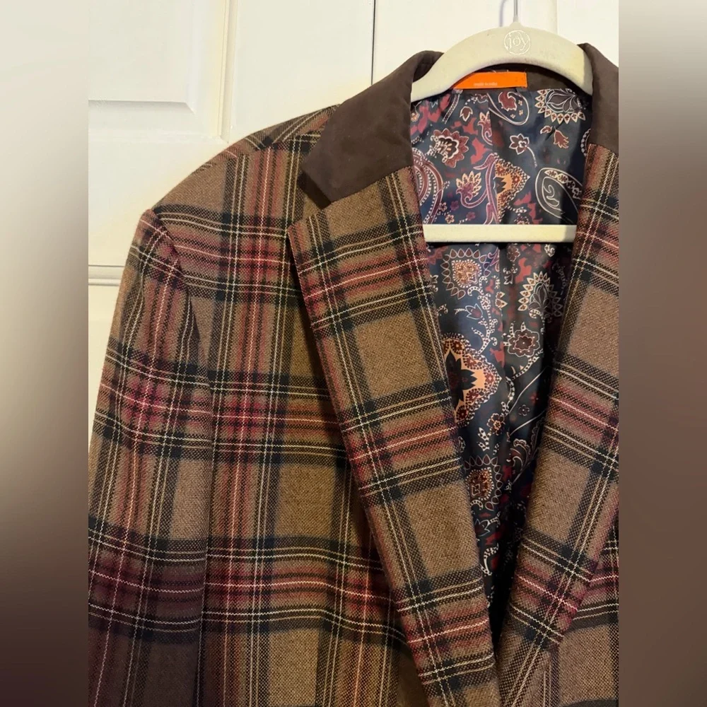 Tallia Men's Slim Fit Tartan Sport Blazer 46R Wool Blend Suede Collar